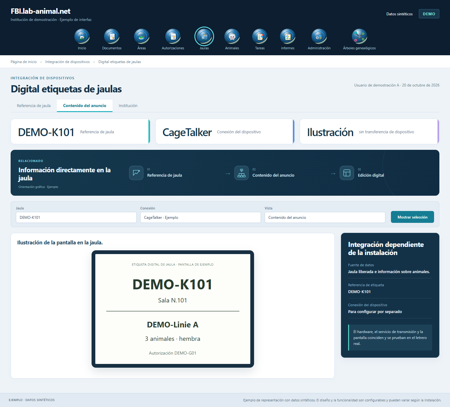 Interfaz de ejemplo con datos sintéticos · Digital etiquetas de jaulas: La ilustración de la vista conecta la cubierta de la jaula con el blindaje electrónico asociado.