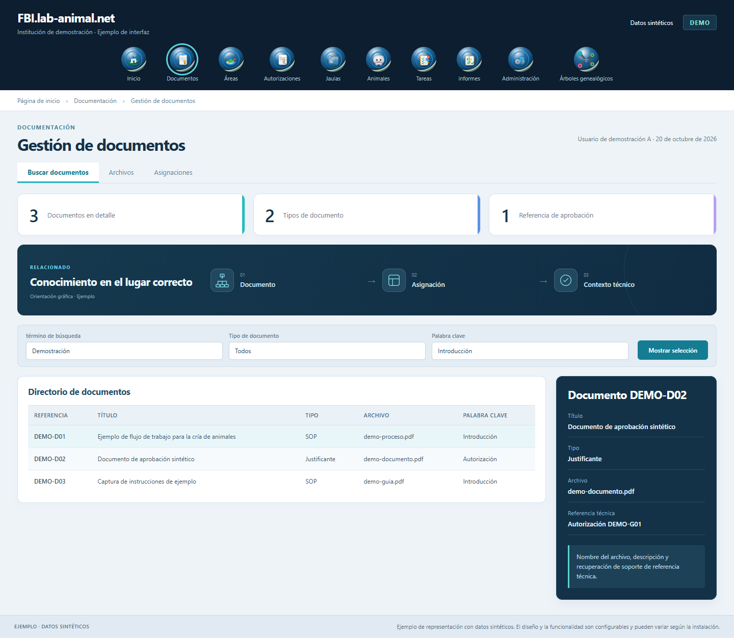 Interfaz de ejemplo con datos sintéticos · Gestión de documentos: Los metadatos y las referencias especializadas hacen que los archivos se puedan encontrar en el contexto correcto.