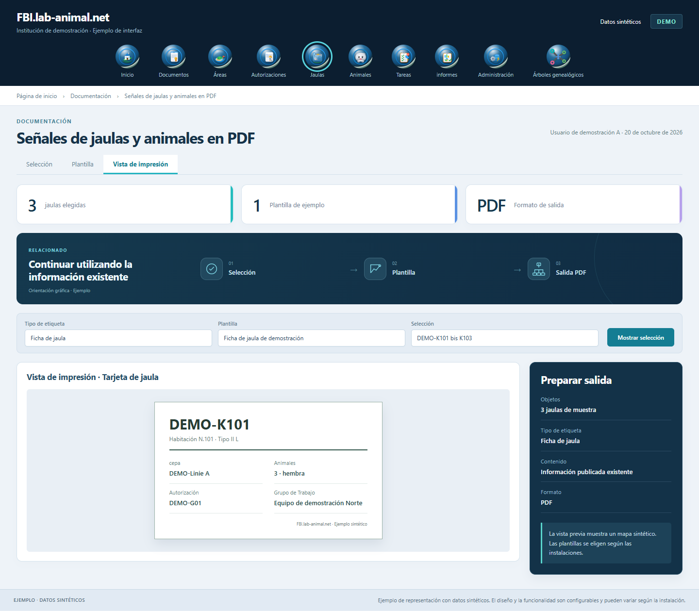 Interfaz de ejemplo con datos sintéticos · Señales de jaulas y animales en PDF: La información sobre jaulas y animales existentes se recopila para la tarjeta imprimible.