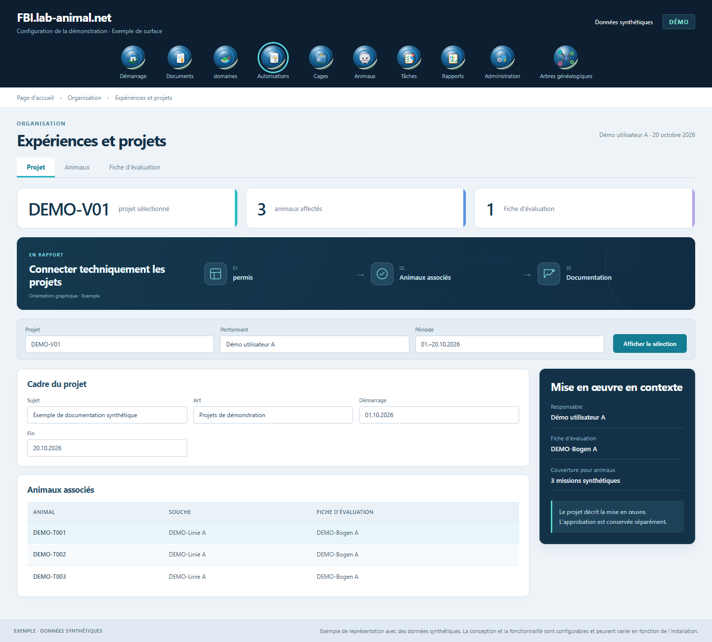 Interface d’exemple avec données synthétiques · Expériences et projets: Le sujet, la période, les animaux et la fiche d’évaluation donnent un cadre commun à la réalisation.